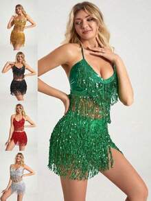 一套亮片流苏连衣裙套装，女士两件套，露脐上衣吊带衫包包提臀迷你裙闪亮流苏套装，万圣节主题 - 彩色 - 查看 1