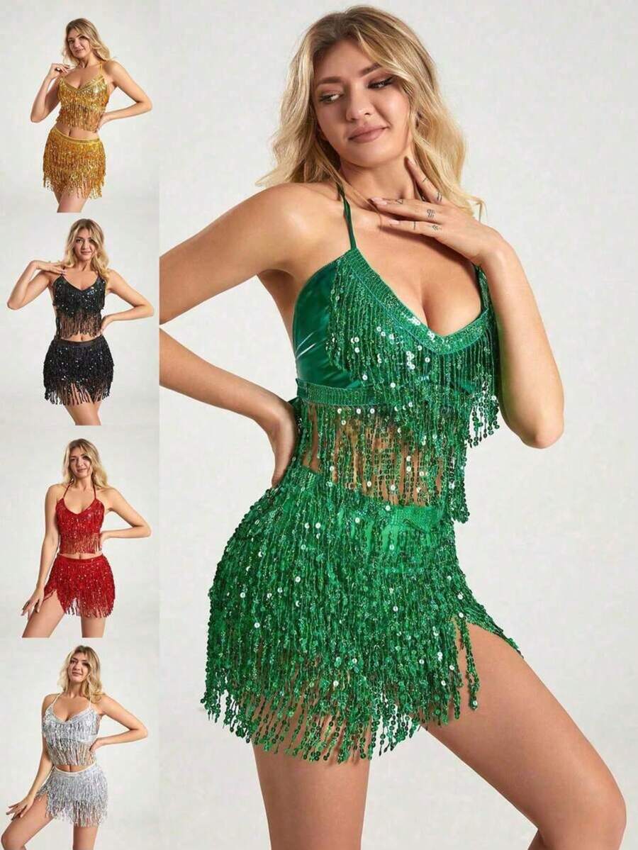 一套亮片流苏连衣裙套装，女士两件套，露脐上衣吊带衫包包提臀迷你裙闪亮流苏套装，万圣节主题 - 彩色 - 查看 1