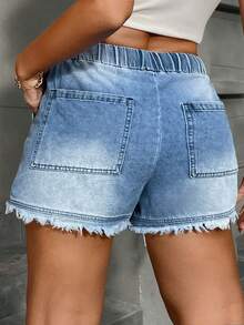 Plus Size Women's Washed Denim Shorts With Drawstring Elastic Waist And Distressed Hem, Suitable For Casual Summer Wear - Light Wash - View 3