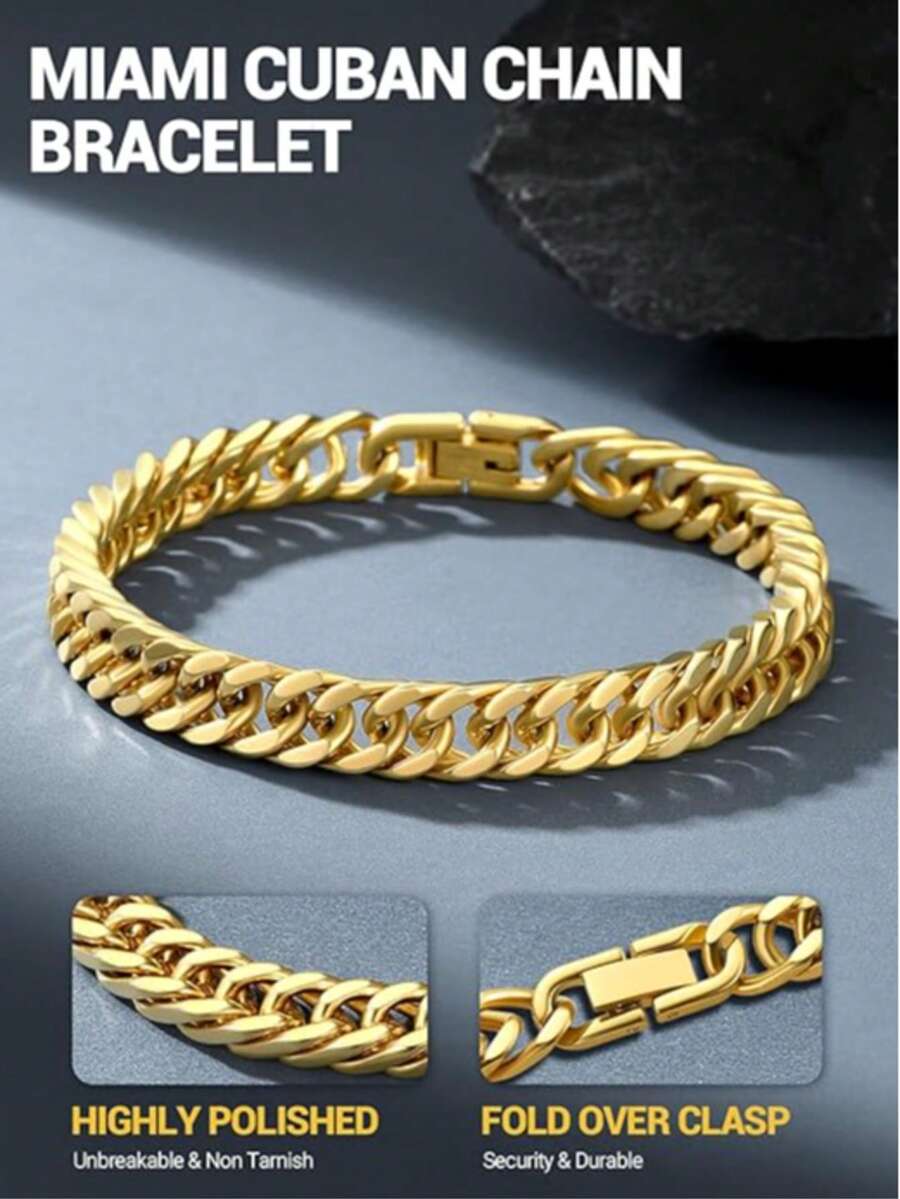 Vòng tay dây xích thép không gỉ kiểu Miami 8mm, dành cho cả nam và nữ. - Vàng - Xem 1