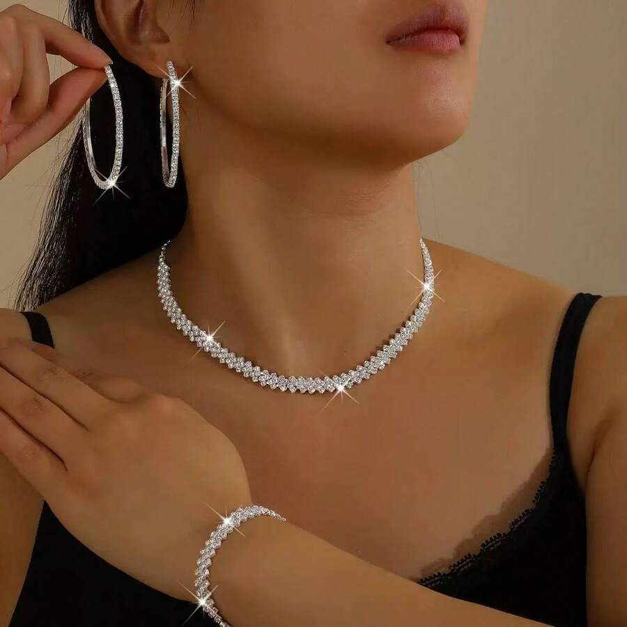 女士时尚项链、耳环、手链首饰套装，菱形图案，优雅适合派对、新娘、婚礼季、夏季佩戴。 - 銀色 - 查看 1