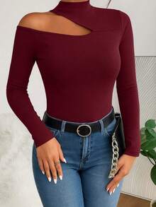 Women's T-Shirt Blouse Suplex Fabric Long Sleeve High Neck Asymmetrical Cut Ideal For Meetings And Casual Use - 酒紅色 - 查看 5