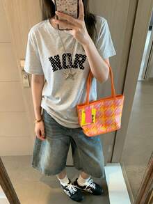 Áo thun ngắn tay nữ mùa hè dáng rộng, chất liệu cotton, in chữ và hoạt hình. - Màu xám nhạt - Xem 2