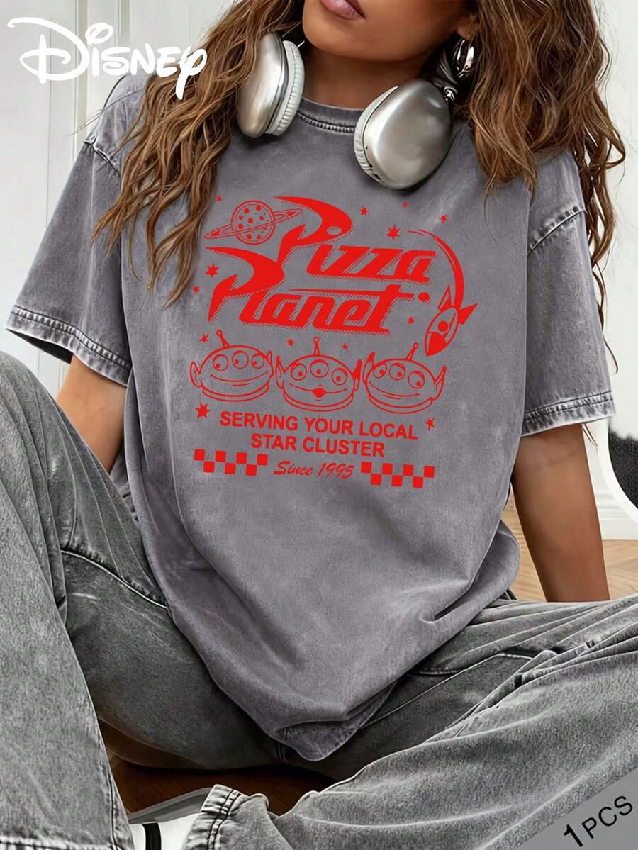 Disney Summer Clothing With Toy Story Pizza Planet Print, Washed Cotton Crew Neck Loose Short Sleeve T-Shirt, Slight Stretch Fabric, Suitable For Daily, Vintage And Streetwear - 灰色 - 查看 1