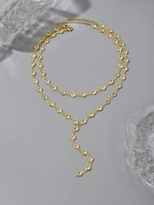 两件套优雅圆形水晶项链套装，白色水晶Y型项链和颈链，简约精致设计，适合约会或情人节礼物 - 金色 - 查看 4