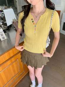 Colorful Button V-Neck Fitted Knit Sweater, Slimming Pullover Top (Button Color Random), Summer - Yellow - View 1