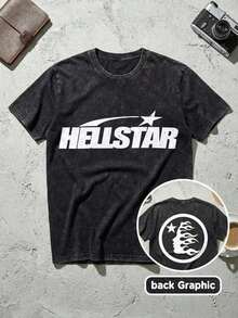 Blue Shooting Star Logo Graphic Tee Unisex Couple Matching Boyfriend Style Hell Star Double Sided Print Electric Color Y2K Aesthetic Acid Washed Cotton Graphic Tees Men Oversized T Shirt Summer Fits Camisetas Para Hombre,Mens Clothes,Graphic Tee,Summer Clothes,Summer Tops,Easter Fits,Spring Clothes ,Shirtssummer Outfits For Women O0LT - 黑色 - 查看 12