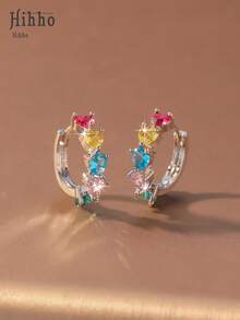 Hihho 1 Pair Rainbow Heart Hoop Earrings, Silver/Gold Plated, Luxury European Style Inlaid Zirconia Earrings, Sweet Elements With Colorful Gems, Versatile For Gifting, Commuting And Dating - Heart-shaped Earrings - View 9