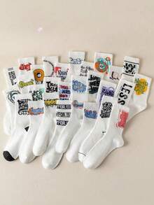 5/10 Pairs Random Women's Spring/Autumn/Winter Korean Style Letter Pattern Breathable Sweat-Absorbing Neutral All-Season Simple Versatile Fashion Mid-Calf Socks - Multicolor - View 4
