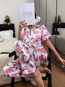 Sanrio Hello Kitty 2026 女款絲綢睡衣套裝，短袖前扣式翻領蝴蝶結卡通可愛款，前口袋對比滾邊設計 - 白色 - 查看 4