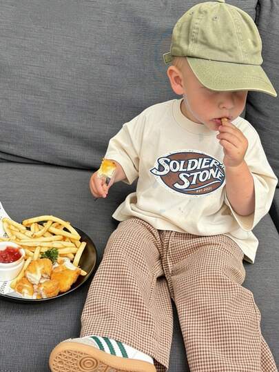 1pc Infant/Toddler Boys' Creative Cartoon Graphic Letter Slogan Print Basic Round Neck Short Sleeve T-Shirt, Casual & Fashionable