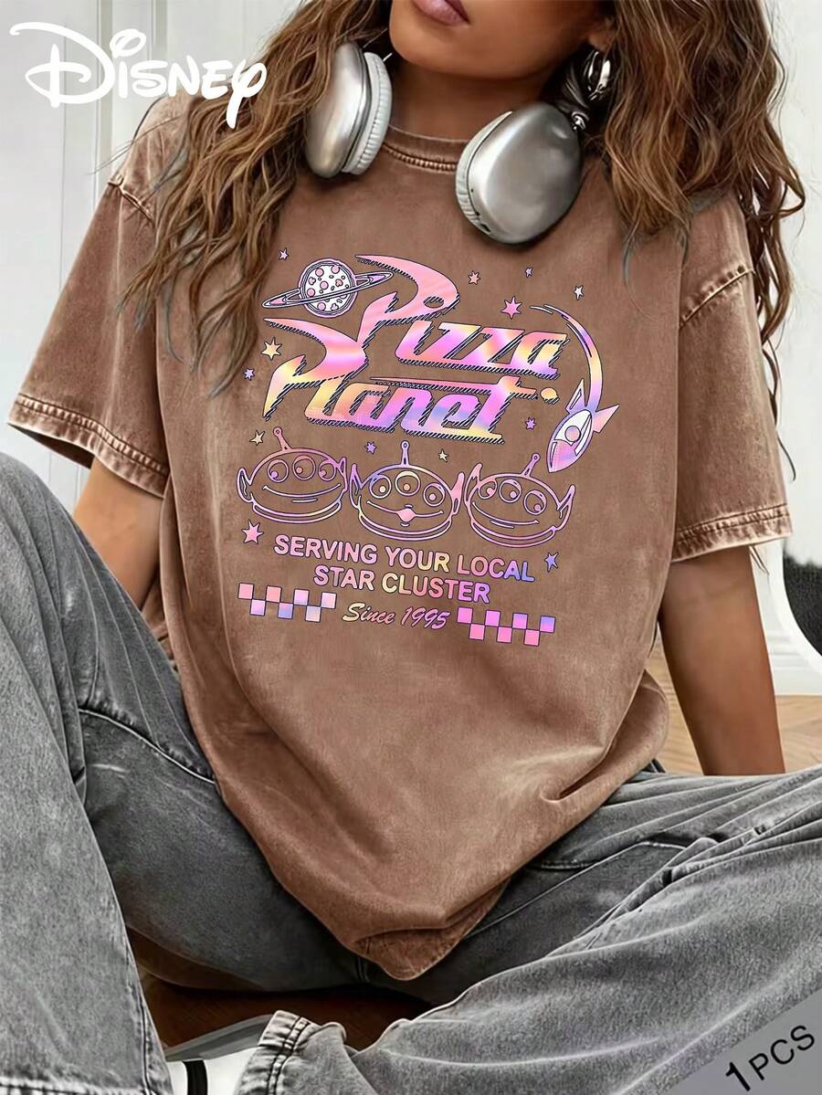 Disney Summer Clothing With Toy Story Pink-Purple Gradient Holographic Line Art Print, Washed Cotton Crew Neck Loose Short Sleeve T-Shirt, Slight Stretch Fabric, Suitable For Daily, Vintage And Streetwear - 咖啡棕 - 查看 1