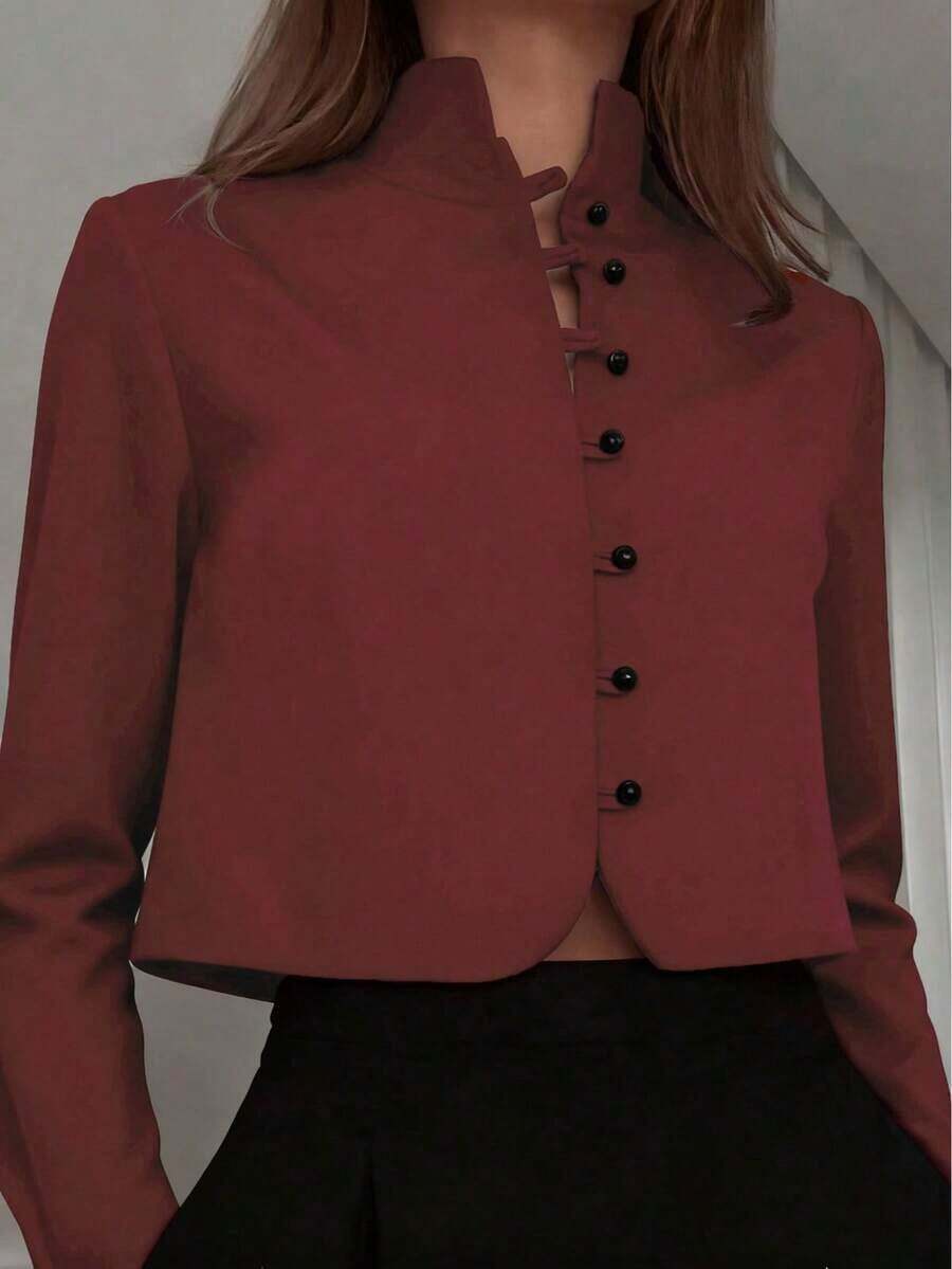 Women's Elegant Vintage Mandarin Collar Solid Color Button-Up Long Sleeve Blouse, Machine Washable, Non-Stretch H-Line Regular Fit, Lightweight For Spring/Autumn, Casual, Office, Vintage, Simple, Elegant Button-Up Design Top, Refined Appearance, Suitable For Chinese New Year/Valentine's Day Office/Casual Gathering/Brunch/Date/Outing/Art Gallery Visit/Cocktail Party - 酒紅色 - 查看 1