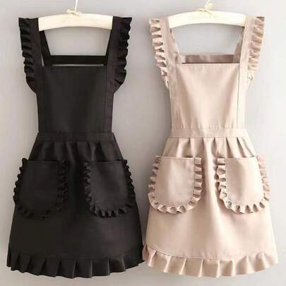 1pc Ruched Waterproof Apron, Vintage French Style Kitchen Apron With Pockets, Multi-Color Household Apron, Baking Barista Anti-Fouling Bib, French Atmosphere Household Essential! Gentle Colors + Exquisite Ruffle Details, Serves As Both Kitchen Apron And Fashion Item, Practical Gift For Women Who Love Life, Making Housework Elegant And Refined
