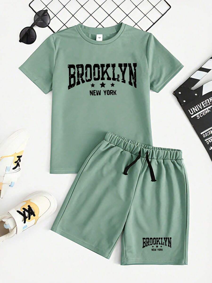 Boys' Letter Print T-Shirt And Drawstring Waist Shorts Set - Green - View 1