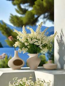 3pcs Beige Small Ceramic Vases, Unique & Stylish Design, Flower Vases For Living Room, Entrance, Library Decor, Ideal Ornaments & Festival Gifts - Off-white Spiral Hollowed-out Flat Three-piece Set - View 8