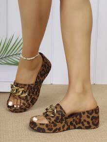 1 đôi dép xăng đan unisex họa tiết da báo, đế dày, khóa kim loại, chống trượt, thoải mái. - màu nâu - Xem 2