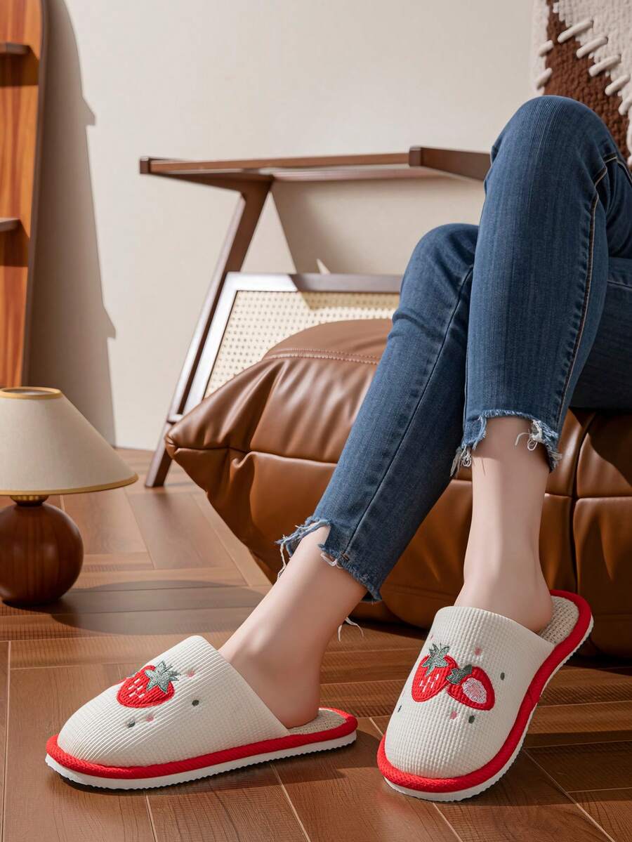OBOVAY Unisex Solid Color Wavy Pattern Casual Slip-On Slippers, Flat, Lightweight, Portable, Suitable For Indoor, Vacation - Red - View 1