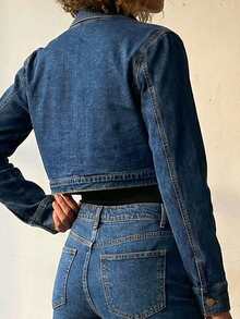 Women's Stretch Denim Jacket Short Length - Cropped Casual Jean Jacket With Zipper Front & Long Sleeves For Layering (Comfortable Fit) - Dark Wash - View 5