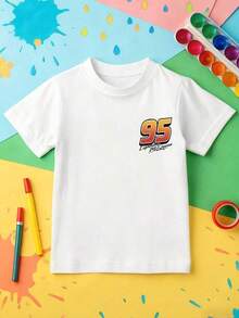 Official Authorization Disney Cars Lightning McQueen Print Kids T-Shirt, Boys Cute Cartoon Race Car Graphic Short Sleeve Tee, Summer Casual Tops For Daily Wear Theme Park Vacation, Children's Clothing Holiday Gift - 白色 - 查看 4