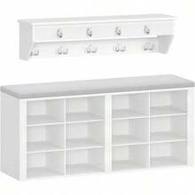 Hzuaneri Hallway Shoe Bench With Coat Rack Wall Mount, 12 Open Storage Compartments & 9 Hooks, Adjustable Shelves For Entryway Living Room, White - White and Gray - View 9
