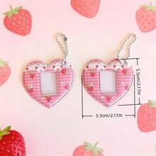 Móc khóa đựng thẻ ảnh hình trái tim dâu tây dễ thương 1 inch, họa tiết kẻ caro hồng Kawaii, dùng để đựng thẻ ID mini và mặt dây chuyền. - Màu sắc - Xem 2