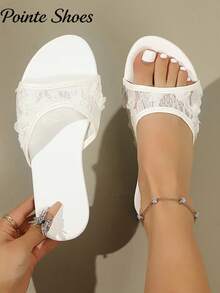 Sandalias de encaje floral de verano para mujer, dulces y elegantes, de moda elegante, adecuadas para citas, compras, uso al aire libre, sandalias planas - Blanco - Ver 2