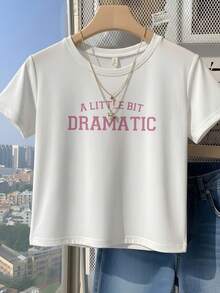 Y2K美学黑粉短袖T恤女款，经典“DRAMATIC”标语露脐上衣，5款全新黑色圆领短袖T恤女款，露脐高腰字母印花图案休闲T恤 - 白色 - 查看 3