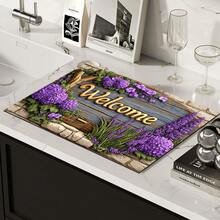 1pc Lavender Welcome Floral Print Absorbent Mat/Drying Mat For Coffee Maker, Dishes - Absorbent Polyester Desktop Protective Mat With Rubber Anti-Slip Pad, For Kitchen Counter Decor, Home Bar And Dining Table - Multicolor - View 6