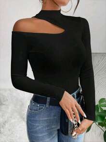 Women's T-Shirt Blouse Suplex Fabric Long Sleeve High Neck Asymmetrical Cut Ideal For Meetings And Casual Use - màu đen - Xem 10