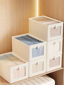 1pc/2pcs Beige Foldable Clothes Storage Box, Divided Wardrobe Organizer With Handles, Fabric Closet Divider Storage Bin, Suitable For Jeans, Pants, T-Shirts, Space-Saving, With Transparent Window And Handles, Suitable For Bedroom/Dorm/Closet/Wardrobe - Beige - View 4