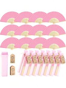 10pcs Folding Fans, Bamboo Handheld Sandalwood Fans With Thank You Cards And Gift Bags, Suitable For Wedding Guests, Party Favors, Bridal Showers, Church Decor (Pink) - Pink - View 2
