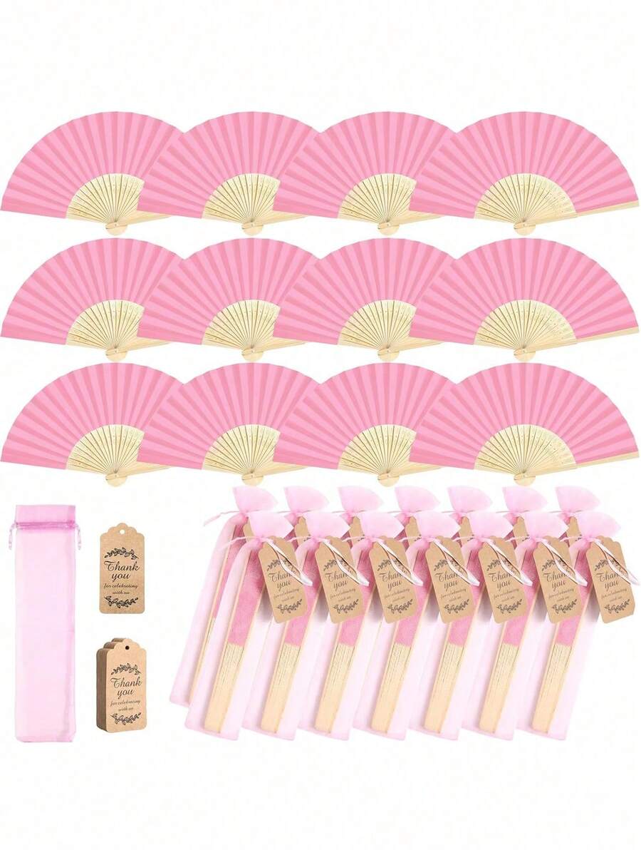 10pcs Folding Fans, Bamboo Handheld Sandalwood Fans With Thank You Cards And Gift Bags, Suitable For Wedding Guests, Party Favors, Bridal Showers, Church Decor (Pink)