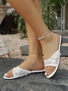 Sandalias de encaje floral de verano para mujer, dulces y elegantes, de moda elegante, adecuadas para citas, compras, uso al aire libre, sandalias planas - Blanco - Ver 4