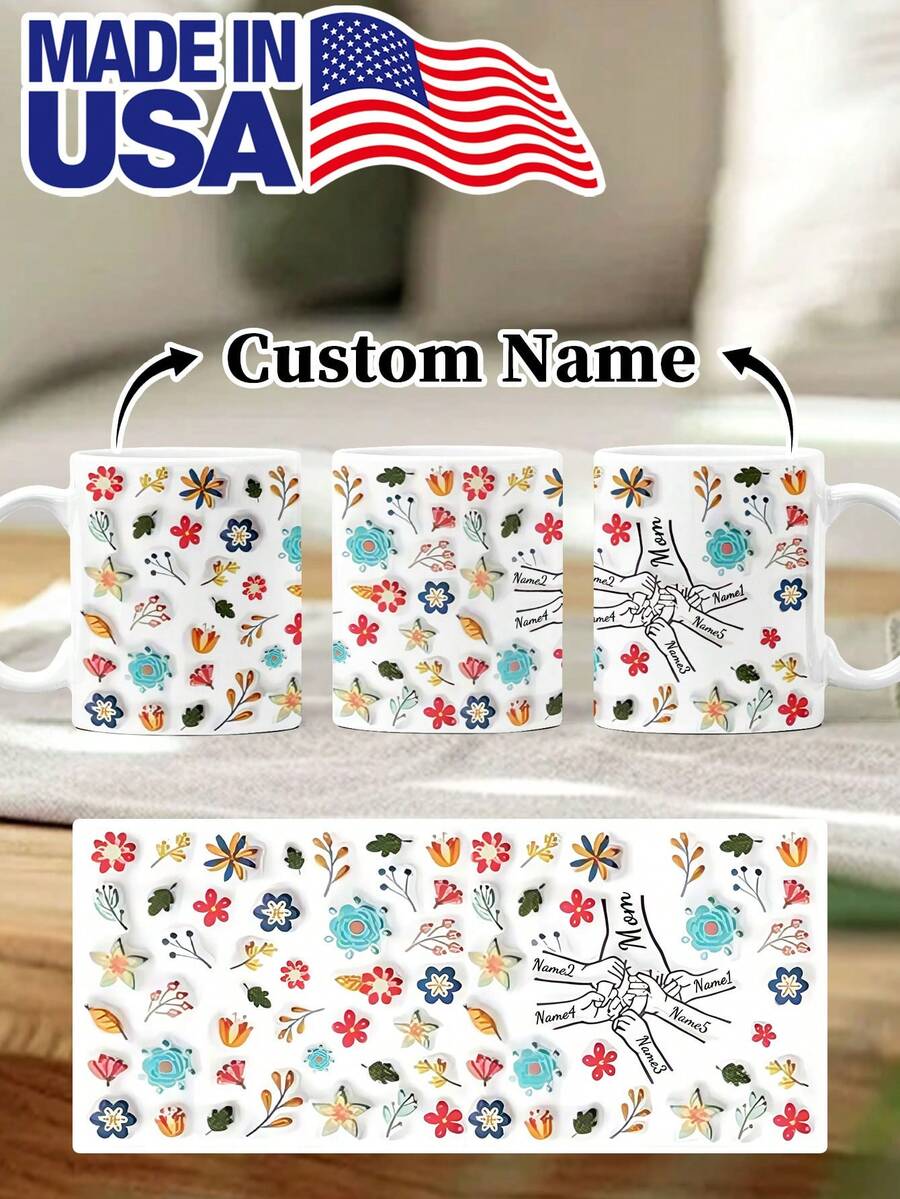 1pc 11oz/15oz Custom Mother's Day Name Mug, Personalized Coffee Cup With Printed Name. The Wrap-Around Pattern On The Mug Can Be Customized With Up To 8 Children Holding Their Mother's Hand. This Mother-Themed Mug With Floral Elements Is An Ideal Gift For Mom And A Unique, Thoughtful Present - 款式4 - 查看 1