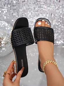 Giày sandal nữ mùa hè thời trang mới, kiểu dáng thanh lịch, thoải mái, chất liệu vải dệt, đế dày, màu đen, kiểu dáng slip-on. - màu đen - Xem 2
