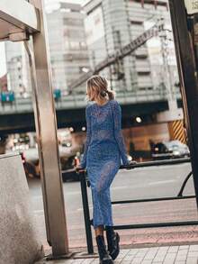 VIBEWAVE Vintage French Style Long Sleeve Dress, Slimming Sexy Sheer Vacation Flowy Round Neck Dress - Blue - View 2