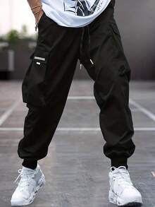 2pcs/Set Men's Casual Utility Drawstring Pants, Grey + Black - Multicolor - View 2