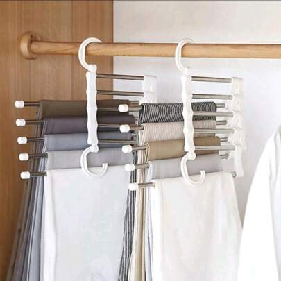 1pc 5-Tier Metal Pants Hanger, Non-Slip Stainless Steel S-Shaped Wardrobe Storage Rack With Hooks, Suitable For Scarves, Leggings And Trousers, Wardrobe Accessory, Sturdy Garment Hanger