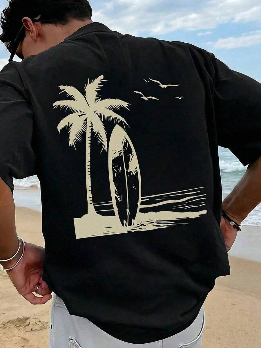1 Piece Men's Graphic Print T-Shirt, Summer Beachwear, Loose Fit Short Sleeve T-Shirt. This Men's T-Shirt Has A Casual, Vacation-Style Design. - 黑色 - 查看 1