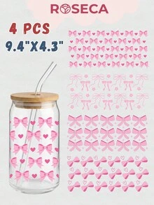 4 miếng dán chuyển nhiệt UV DTF cho cốc thủy tinh 16oz (9.4x4.3 inch), không cần nhiệt, họa tiết nơ hồng dễ thương, trái tim anh đào, phong cách tươi mới, chống thấm nước, tự dính, thích hợp cho cốc Libbey, quà tặng DIY cho bé gái. - Coquette 03 - Xem 9