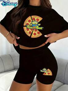 Disney Toy Story Pizza Planet Little Green Aliens Pizza Slice Printed Casual Set, Women's 2pcs Short Sleeve T-Shirt And Shorts Set, Fun Character Printed Tee And Shorts Set, Suitable For Daily Leisure And Outdoor - màu đen - Xem 1