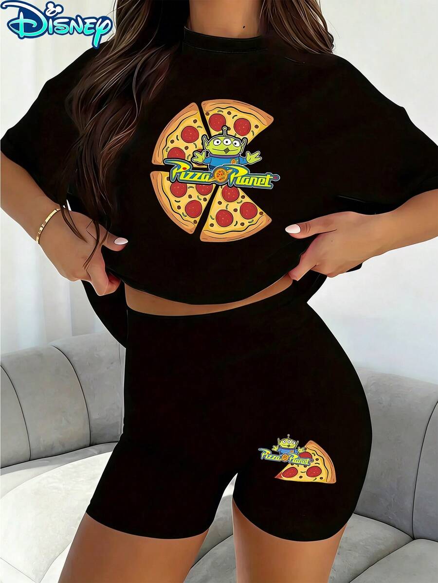 Disney Toy Story Pizza Planet Little Green Aliens Pizza Slice Printed Casual Set, Women's 2pcs Short Sleeve T-Shirt And Shorts Set, Fun Character Printed Tee And Shorts Set, Suitable For Daily Leisure And Outdoor - màu đen - Xem 1