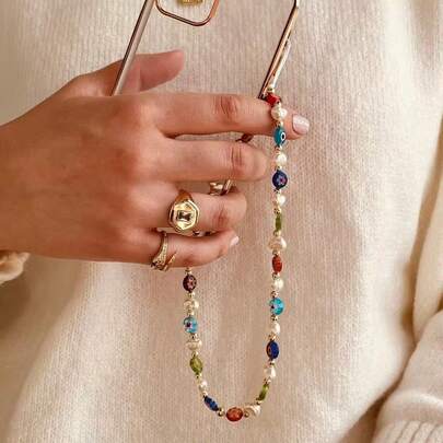 1pc Colorful Faux Pearl Evil Eye Glass Phone Case Lanyard For Daily Matching Keychain Bag Pendant