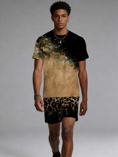 男士黑金渐变亮片短袖T恤+豹纹短裤两件套，夏季奢华休闲套装，透气舒适，时尚街头必备单品