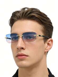 1副男士休闲复古方形无框时尚眼镜，适合日常佩戴和街头摄影 - 藍粉 - 查看 1