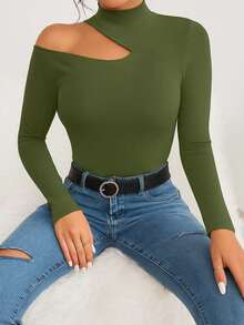 Women's T-Shirt Blouse Suplex Fabric Long Sleeve High Neck Asymmetrical Cut Ideal For Meetings And Casual Use - 軍綠色 - 查看 6
