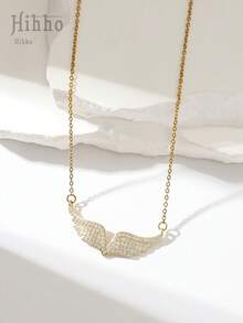Hihho 1pc Luxury Women's Pendant Necklace With Zirconia Gems Inlaid Angel Wing & Hollow Water Drop Design, Jewelry Gift - 黃金 - 查看 10