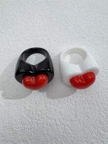 2pcs/Set Cute Black, White & Red Heart Resin Rings, Minimalist Sweet Romantic Ring Set, Suitable For Daily & Holiday Wear - Multicolor - View 8