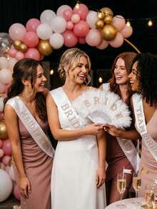 2pcs/Set - Bridal Feather Fan & Belt Set, White Fluffy Hand Fan With "Bride" Letter Pearl Decor, Bridesmaid Party Bridal Shower Wedding Photography Bridal Accessories, Bridal Party Decor, Wedding Greeter Decoration - White - View 2